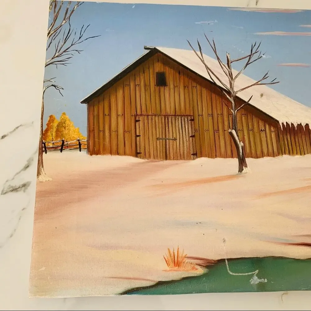 Vintage Barn Oil On Canvas Painting  Winter Snow By The Lake